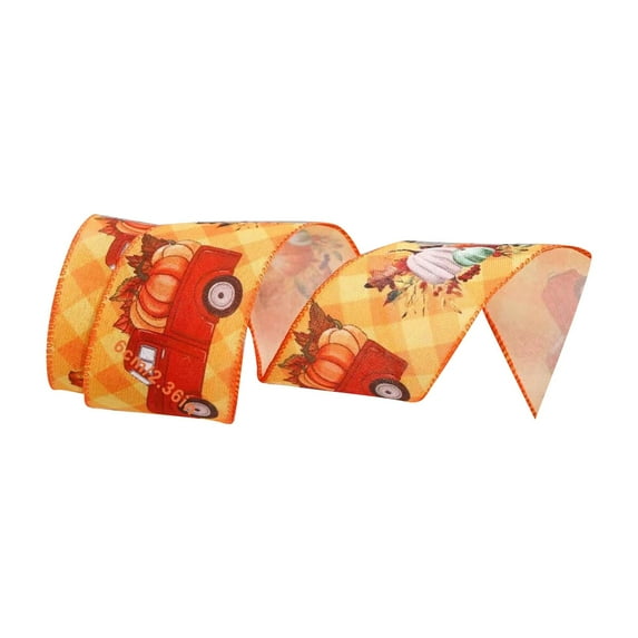 Btomtd 177.16"x2.36" Thanksgiving Theme Ribbon with Pumpkin Maple Leaf and Truck Motifs for Festival Ornaments and Decorative Table Settings Holiday Ribbon, D