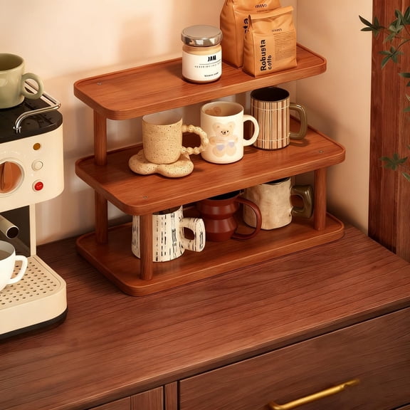 Btomtd 2-Tier Desktop Mug and Cup Holder, Office Desk Organizer Rack for Coffee Cups, Tabletop Storage Shelf for Drinks and Miscellaneous 12"W x 6"D x 11"H, Brown