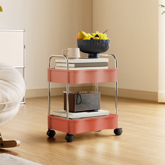 Btomtd 2-Tier Kitchen and Bathroom Storage Cart, Mobile Shelf Rack with Armrests for Toiletries, Compact Organizer Cart with Shelves 14"W x 11"D x 19"H, Pink