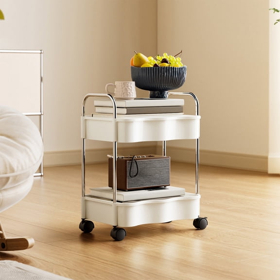 Btomtd 2-Tier Kitchen and Bathroom Storage Cart, Mobile Shelf Rack with Armrests for Toiletries, Compact Organizer Cart with Shelves 14"W x 11"D x 19"H, White