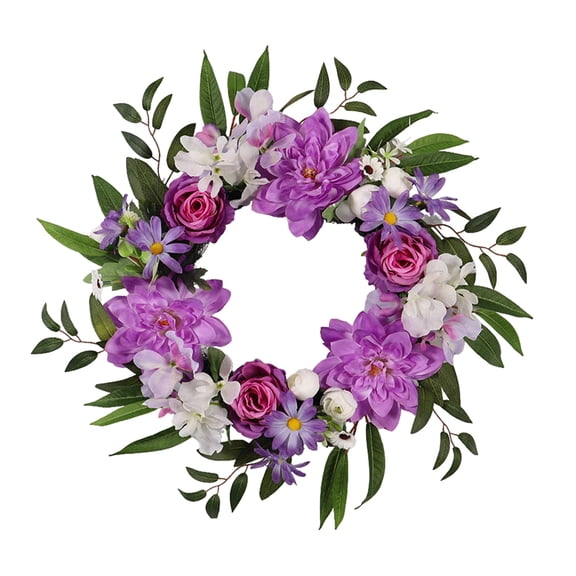 Btomtd 20 Inch Artificial Floral Wreath, Dahlias & Tea Buds Wreaths for Spring Summer Front Door Wall Home Decor, Purple
