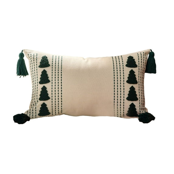 Btomtd 20" x 12" Christmas Tree Throw Pillow Cover with Tassel, Embroidered Canvas Pillow Cases for Sofa and Living Room, Festive Decorative Pillow Covers for Holiday Home Decor, White