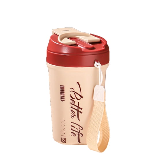 Btomtd 20oz 304 Stainless Steel Straw Water Cup, Convenient Coffee and Cold Drink Tumbler and Mug with Carry Rope, Vacuum Insulated Portable Water Bottle, Beige-A
