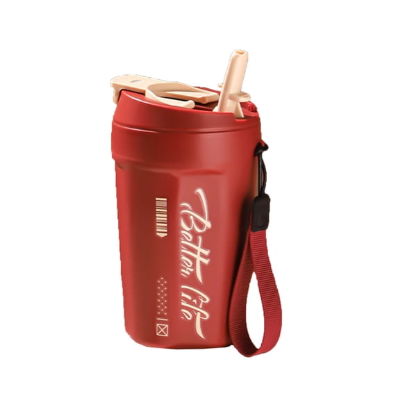 Btomtd 20oz 304 Stainless Steel Straw Water Cup, Convenient Coffee and Cold Drink Tumbler and Mug with Carry Rope, Vacuum Insulated Portable Water Bottle, Red-B