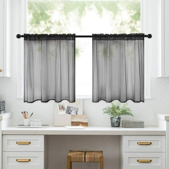 Btomtd 2pcs Semi Sheer Short Curtains in Solid Colour for Kitchen and Bathroom Thin Cafe Curtains Filter Light Beautifully for Any Home Space - 51.96"x18.11", Black