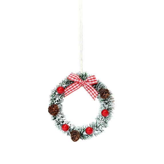 Btomtd 3" Mini Christmas Wreath with Small Bells and Pine Cones, Plastic Vines and Bow Decoration Wreaths, Tiny Holiday Garland Pendant for Gift or Tree, B