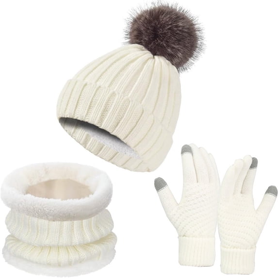 Btomtd 3 Piece Winter Set for Women Comprising a Hat, Long Neck Knit Scarf and Touchscreen Gloves, Solid Color Cold Weather Golves Set, Size B, White