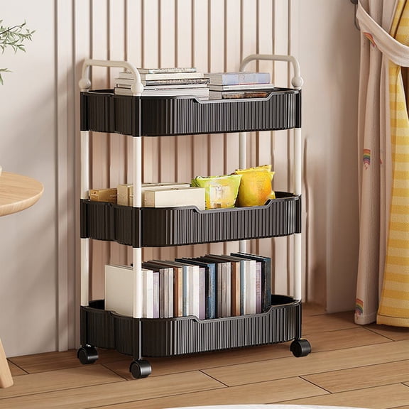 Btomtd 3-Tier Storage Cart with Armrests, Multi-Purpose Rolling Cart Organizer for Kitchen Bathroom and Living Room, Mobile Storage Rack for Toiletries and Supplies 14"W x 9"D x 27"H, Black