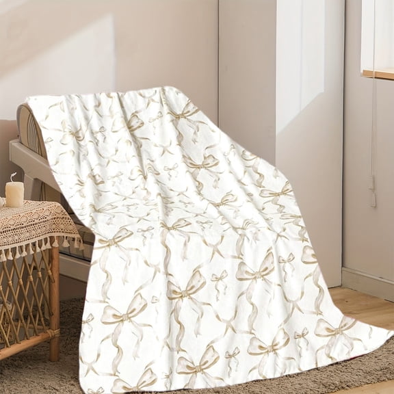Btomtd 30"x40" Christmas Bow Print Throw Blanket for Sofa, Breathable Fuzzy and Machine Washable Bed Blankets, Soft Warm Winter Holiday Couch Blanket, Gold
