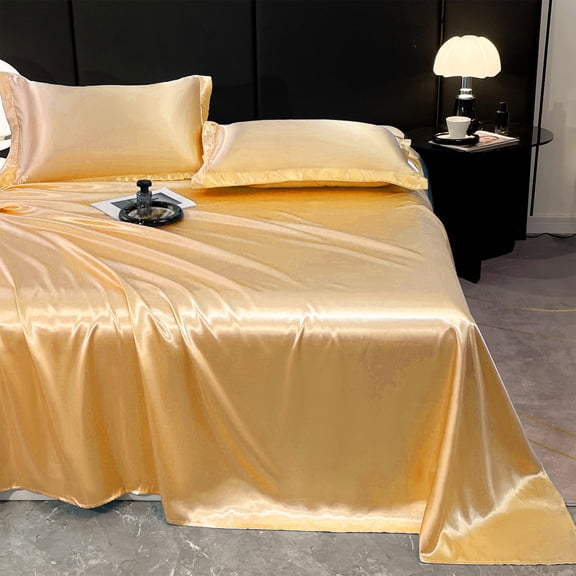 Btomtd 3Piece Ice Silk Bed Sheets Set Cooling and Soft Queen Comforter Set for All Seasons Includes 2 Pillowcases Machine Washable Fabric Bedding Set, 98.42'x90.55', Gold