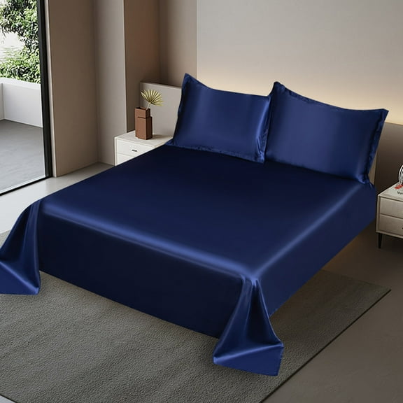 Btomtd 3Piece Ice Silk Bed Sheets Set in Solid Color Cool and Machine Washable Includes Friendly Silk Bed Sheet with 2 Pillowcases Queen King Comforter Set, 70.86'x90.55', Dark Blue-M