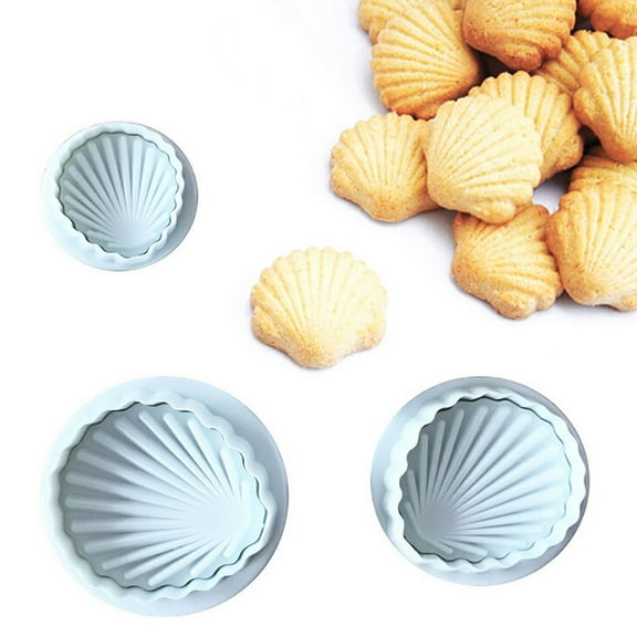 Btomtd 3pcs Shell Shape Fondant and Cookie Molds Set, Silica Gel Cake Embosser and Cutter, Cake Pan and Cake Molds Baking Tools for Cake Decoration, Size 1.9"&1.2"&0.9", White