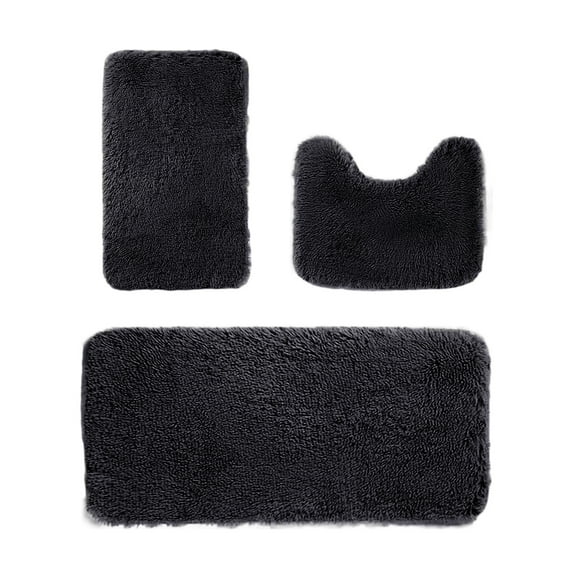 Btomtd 3pcs Solid Color Bath Rug Set Floor Mat Plush Toilet Cover Absorbent Layer Machine Washable Carpet, Black