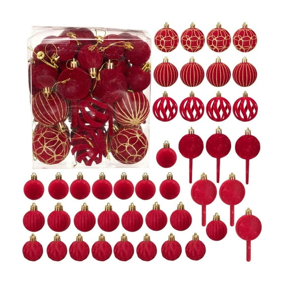 Btomtd 42pcs 2.36"/6cm Flocking Christmas Ball Ornaments, Velvet Christmas Balls in Assorted Styles for Tree and Party Decor, Red