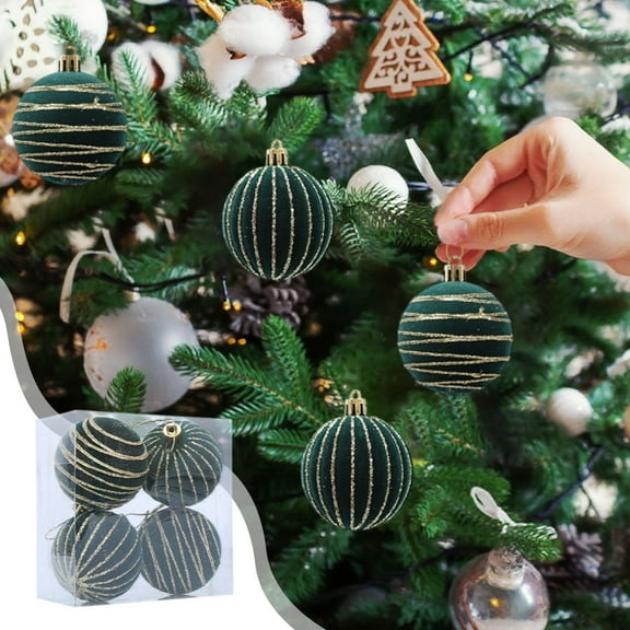 Btomtd 4pcs 2.36"/6cm Flocked Christmas Ball Ornaments, Glitter Covered Plastic Hanging Christmas Balls, Shimmery Holiday Tree Ball Decor Set, Green
