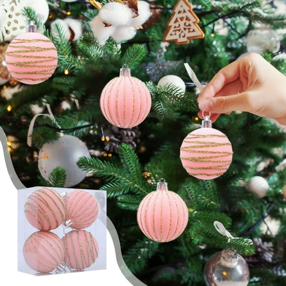 Btomtd 4pcs 2.36"/6cm Flocked Christmas Ball Ornaments, Glitter Covered Plastic Hanging Christmas Balls, Shimmery Holiday Tree Ball Decor Set, Pink