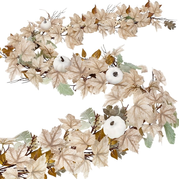 Btomtd 5.6ft Fall Garland with Artificial Flowers, Maple Leaf and Pumpkin Rattan for Halloween Thanksgiving, Greenery Garland for Door Hanging, Fake Plants Wreath for Party Decoration, White