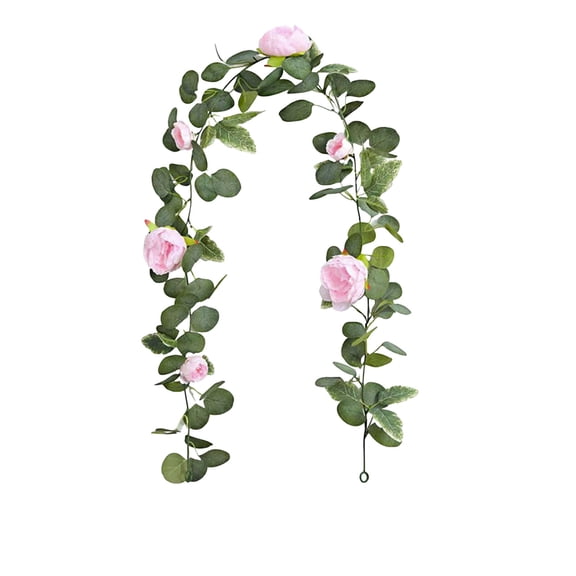 Btomtd 5.7Ft Fake Flowers Rose and Eucalyptus Garland, Floral Vines for Dining Tables and Fireplaces, Wedding Party Indoor Outdoor Decor (Pink)
