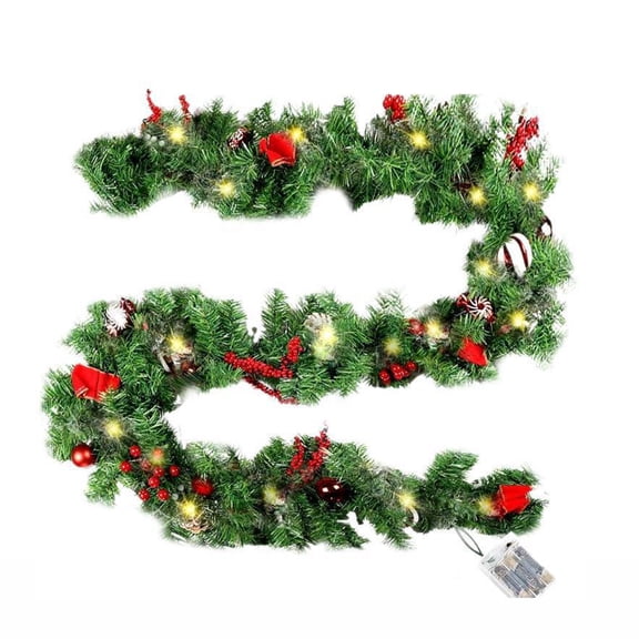 Btomtd 5.9ft Christmas Garland with Lights on Decorative Rattan, Pinecone and Red Fruit Mixed Greenery Garland, Illuminated Fake Plants Wreath Ornament for Holiday, B