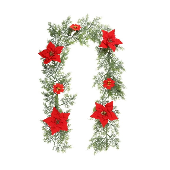 Btomtd 5.9ft Christmas Garland with Pine Branches and Fake Flowers Heads, Greenery Garland with LED for Home Decoration, Fake Plants Wreath for Landscapes, B