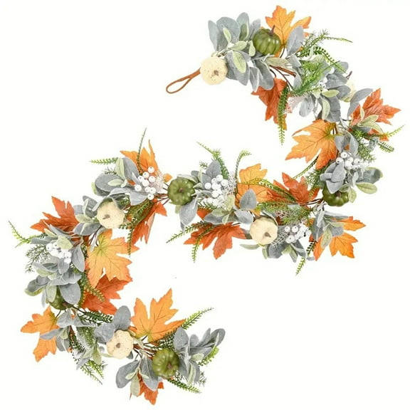 Btomtd 5.9ft Fall Garland with Artificial Maple Leaves and Pumpkin Vines, Thanksgiving Greenery Garland for Festival Wreath, Fake Plants Halloween Holiday Decoration, Multicolor
