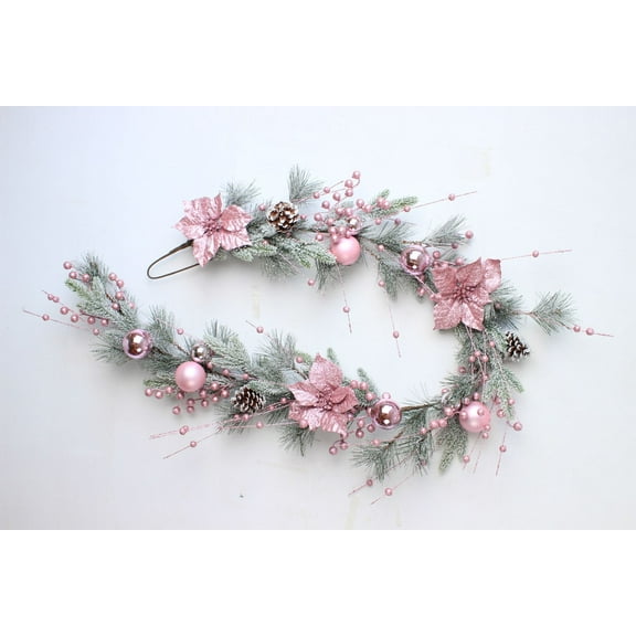 Btomtd 5.9ft Pink Christmas Garland with Artificial Rattan, Artificial Greenery Garland with Floral Accents, Festive Fake Plants Wreath Decoration for Wall and Door, Pink