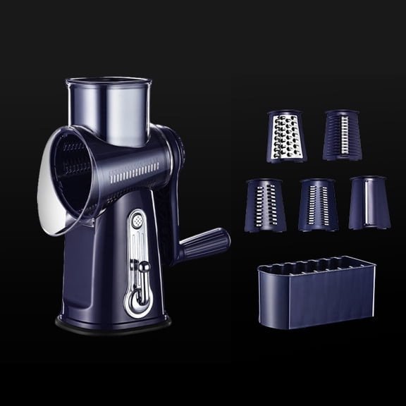 Btomtd 5-in-1 Rotary Grater with Handle, Manual Food Mandoline Slicer and Cheese Grater with 5 Stainless Blades and Strong Suction for Stability, Blue