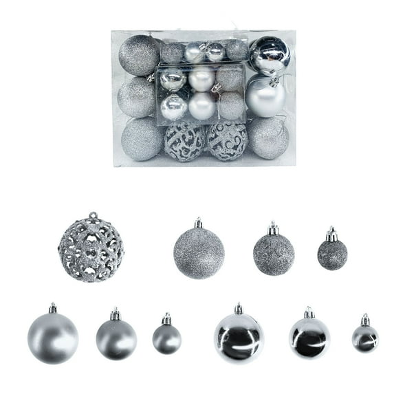 Btomtd 50pcs Christmas Ball Ornaments Set, Multiple Shapes and Sizes of Xmas Tree Decorations for Holiday and Party Christmas Ball Decoration, Silver