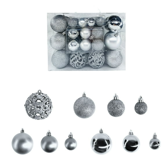 Btomtd 50pcs Christmas Ball Ornaments Set, Multiple Shapes and Sizes of Xmas Tree Decorations for Holiday and Party Christmas Ball Decoration, Silver