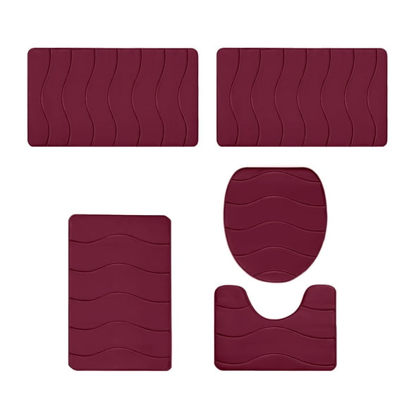Btomtd 5pcs Soft Memory Foam Rugs Set with 3 Bath Mats U-shape Mat and Toilet Lid Cover, Absorbent Non Slip Toilet Floor Mats, Machine Washable Doormat Set, Red