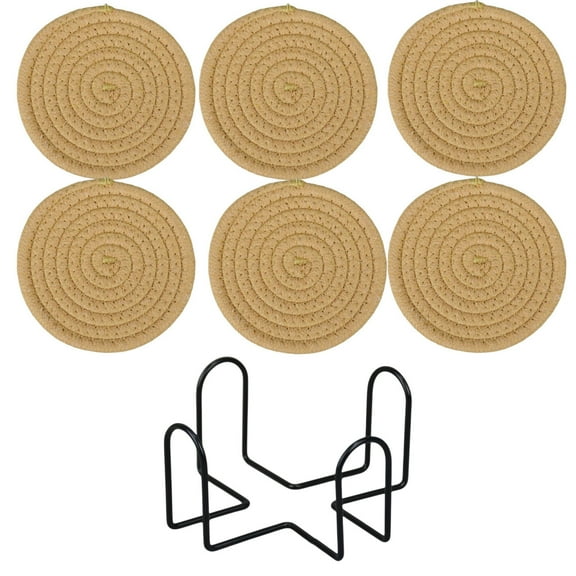 Btomtd 6pc Round Woven Placemats Non Slip Antiscald Gauze Western Restaurant Insulating Mats with Storage Household, Khaki