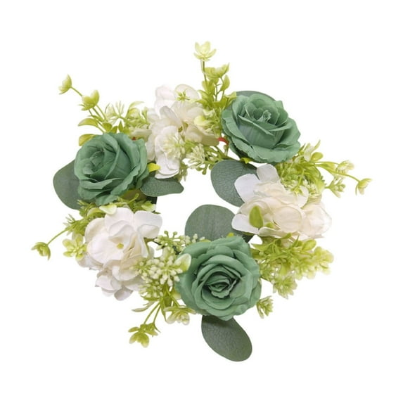 Btomtd 8" Artificial Hydrangea and Rose Candle Holder Wreath, Christmas Table Decor Wreaths, Floral Candle Ring Garland, Fake Flowers Wreath for Holiday Table, Green