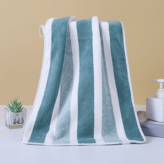 Btomtd Absorbent Edges Corals Fleece Towels for Bathroom, Large Striped Bath Towels and Hair Wrap, Face Washing Towel for Men and Women, 1-Pack, Size 30" x 14", Green