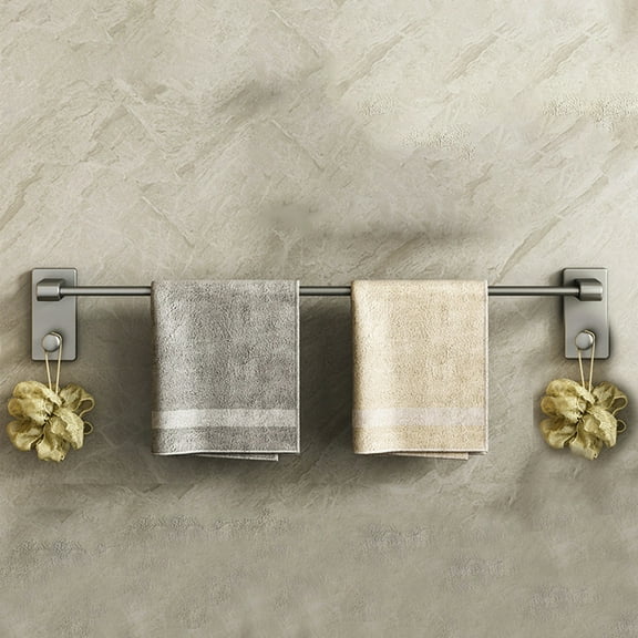 Btomtd Adhesive Aluminum Towel Bar Pole, No Drill Bathroom Towel Rack with 2 Hooks, Wall Mounted Towel Holder and Organizer Shelf 20"W x 4"D x 3"H, Gray