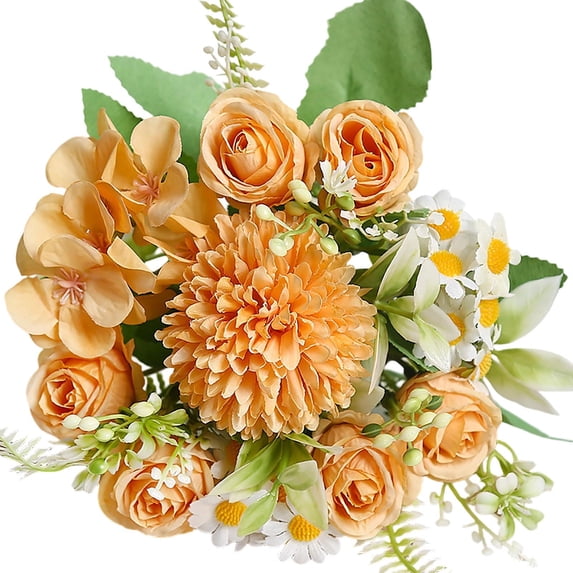 Btomtd Artificial Silk Fake Flowers Rose & Daisy, 11.8 Inch Wedding Valentine’s Bouquet for Bridal Decor & Home Decoration (Orange)