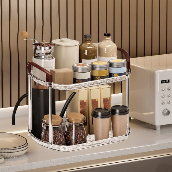 Btomtd Bathroom Cosmetics Organizer and Desktop Display Rack, 2-Tier Storage Shelf for Cups and Ornaments, Countertop Vanity Shelving Unit 12"W x 8"D x 8"H, Brown-Clear
