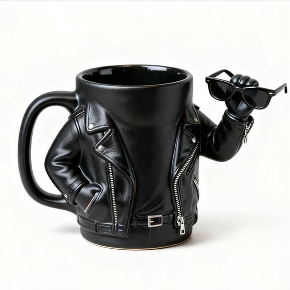 Btomtd Biker Jacket Style Coffee Mug - 12oz Unique Motorcycle Theme Coffee Cups for Hot Drinks, Ceramic Mug, Black