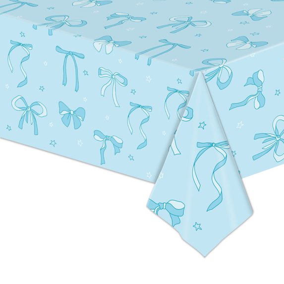 Btomtd Bowknot Printed Birthday Tablecloth, Disposable Party Table Cover and Layout Supplies, Holiday Props Table Cloth for Festive Decorations, 108"x54", Blue