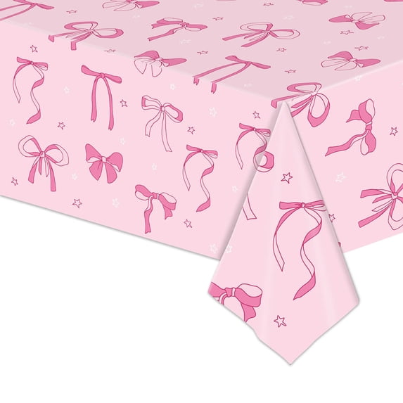 Btomtd Bowknot Printed Birthday Tablecloth, Disposable Party Table Cover and Layout Supplies, Holiday Props Table Cloth for Festive Decorations, 108"x54", Pink