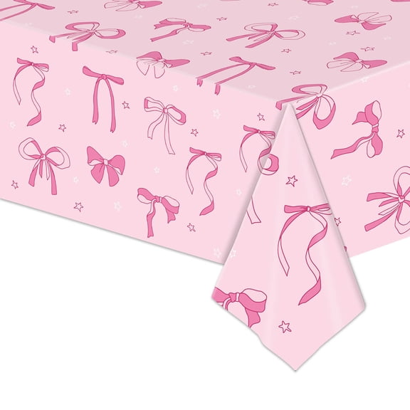 Btomtd Bowknot Printed Birthday Tablecloth, Disposable Party Table Cover and Layout Supplies, Holiday Props Table Cloth for Festive Decorations, 108"x54", Pink