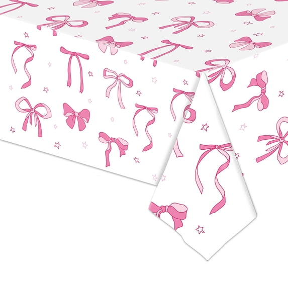 Btomtd Bowknot Printed Birthday Tablecloth, Disposable Party Table Cover and Layout Supplies, Holiday Props Table Cloth for Festive Decorations, 108"x54", White