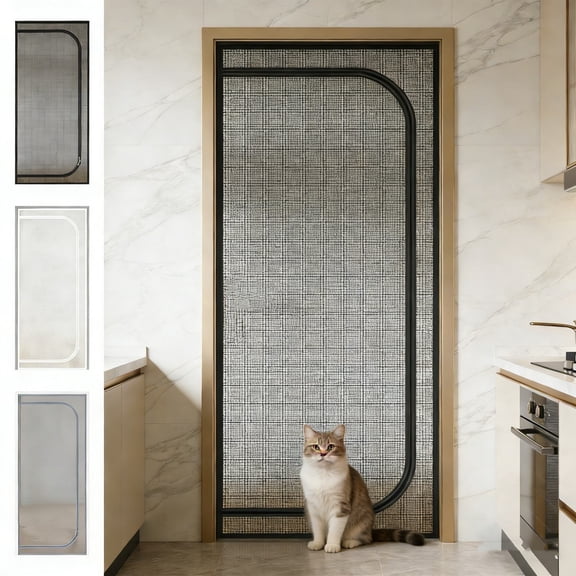 Btomtd Cat & Dog Proof Zippered Door Curtains, 39.4"W x 82.7"L, Side-opening, No Drilling Foldable Mosquitos Proof Mesh Curtain (White)