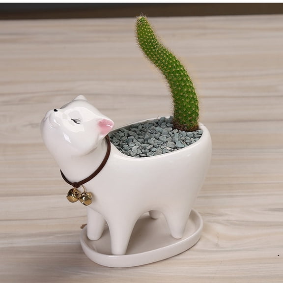 Btomtd Cat Shaped Ceramic Flower Pot for Cactus, Succulent Planter and Gardening Ornament, Cats' Tail Personalized Desktop Pot for Plants, White