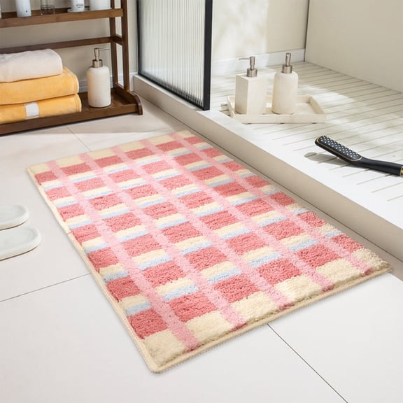 Btomtd Checkered Pattern Floor Mat with Soft Touch, Absorbent Bath Mat and Non-Slip Rug for Bathroom Entrance, Living Room Carpet Machine Washable, 24 x 16 Inches, Pink