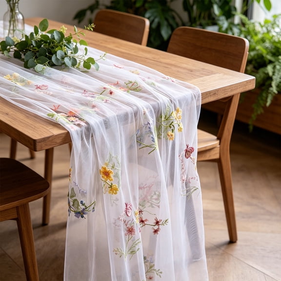 Btomtd Chiffon Table Runner for Dining Table, 27.5 x 71 Inch Polyester Sheer Floral Embroidery Table Runner, Flower Table Decor, White