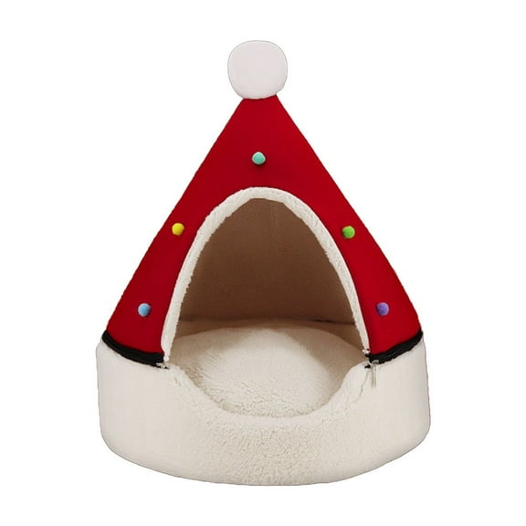 Btomtd Christmas Hat Pet Beds for Cats and Dogs, Cozy Pet Villa with Removable Washable, Winter Warm Cat Bed and Dog Bed for the Holidays, Red