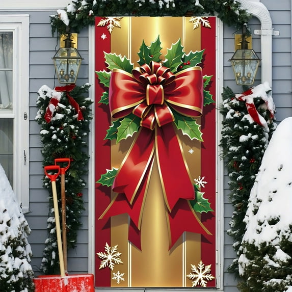 Btomtd Christmas Themed Door Cover for Holiday Season with Large Bow Pattern Decoration and Front Door Curtains for Front Entryway Decor - 35.43"x78.74", D