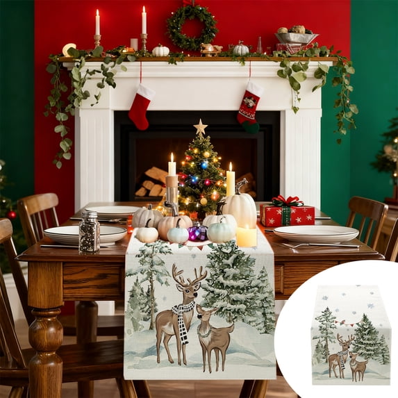 Btomtd Christmas Tree Snowflakes Table Runner, Winter Red and Green Holiday Linen Table Cloth, Seasonal Kitchen and Restaurant Party Table Runners, 71"x13", B