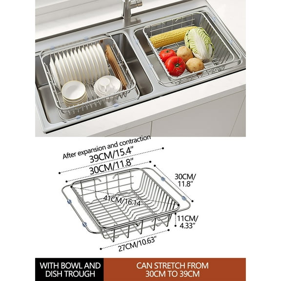Btomtd Kitchen Sinks,Under Sink Organizers And Storage,Sink, Basket, Stainless Steel Sink, Vegetable Sink, Telescopic Kitchen Storage Rack, Dish Storage Rack, Kitchen Supplies
