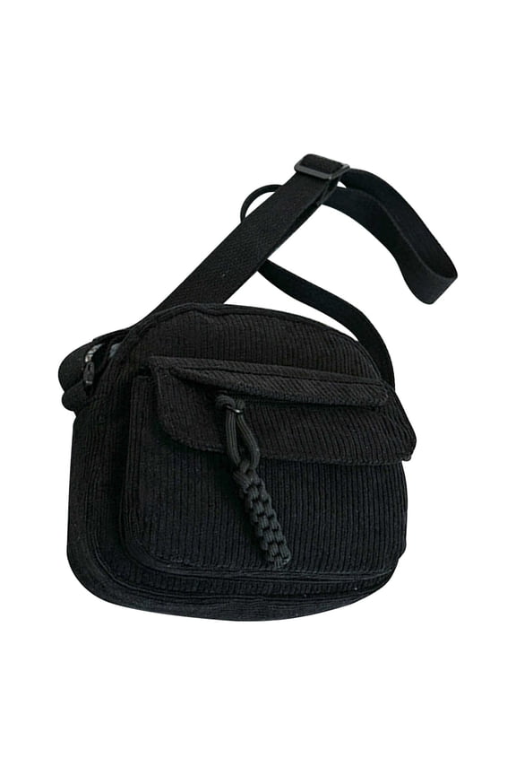 Corduroy Shoulder Bag for Women, Fashionable Solid Color Crossbody Purse with Zipper, Casual Cloth Bag with Campus Style, Small Handbag, Black